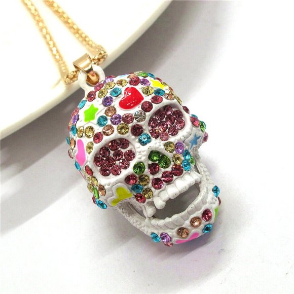 NEW Betsey Johnson Colorful Sugar Skull / Candy Skull Necklace Pendant Chain - Picture 4 of 5